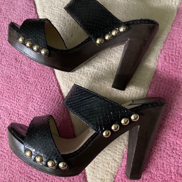 Jimmy Choo Ulrika Black Leather Snakeskin Wood Slide Sandals High Heel 6 36 - Picture 2 of 5